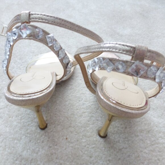 JESSICA SIMPSON shimmery gold single strap heels with crystal bead accets - Picture 3 of 11